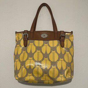 Fossil Key-Per Yellow & Gray Ladybug Print Tote Bag Purse